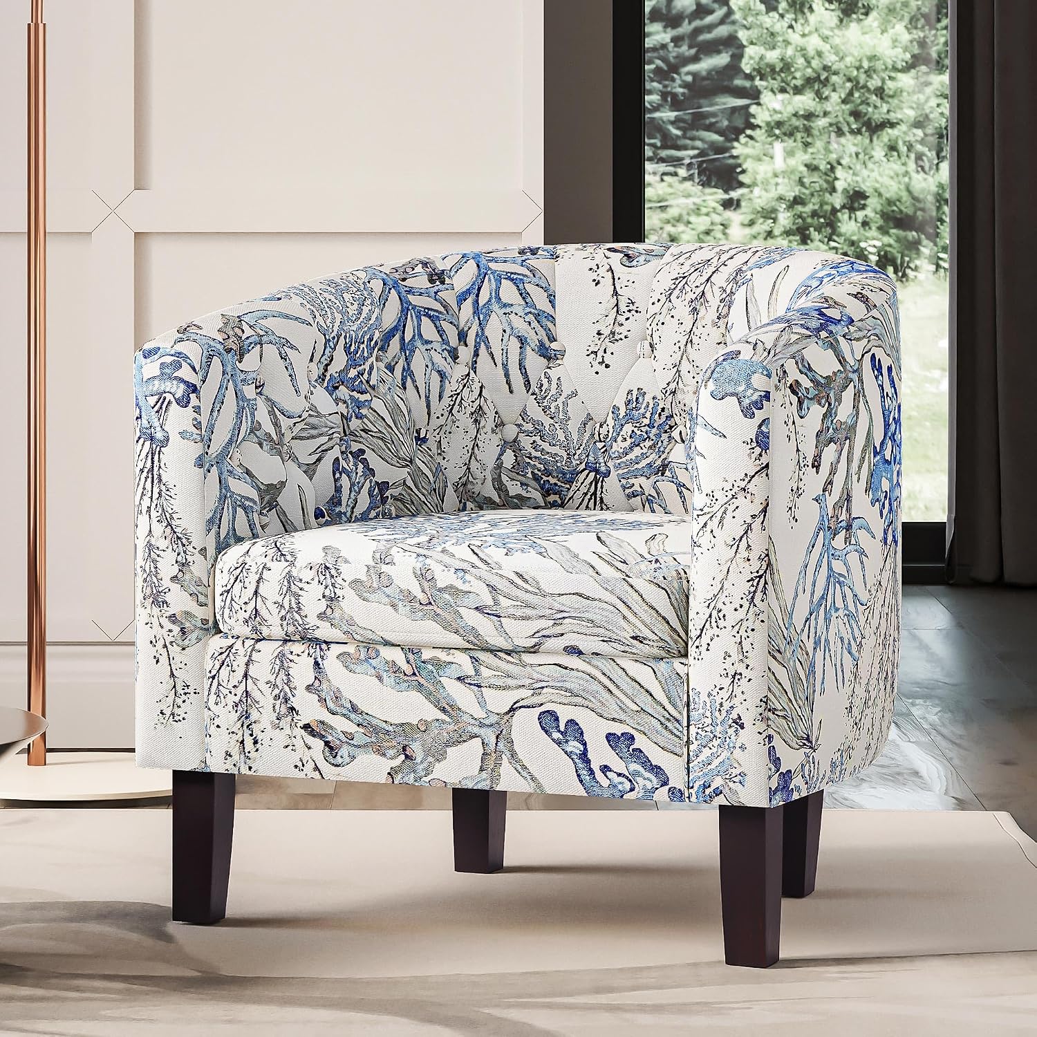 Blue Coral Linen Tufted Barrel Accent Arm Chair