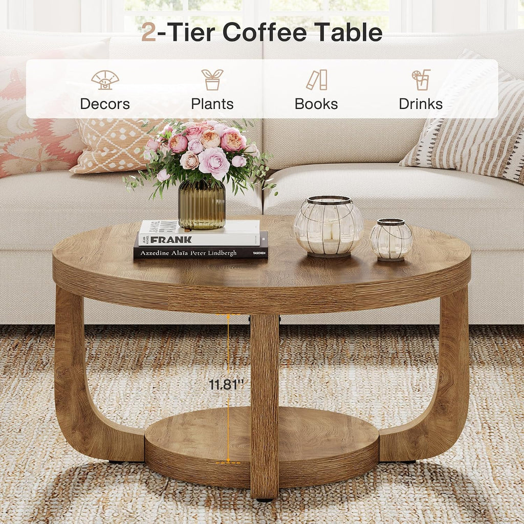 Two-Tier Round Oak Storage Coffee Table
