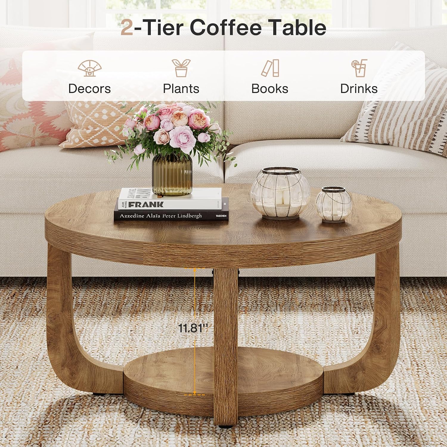 Two-Tier Round Oak Storage Coffee Table
