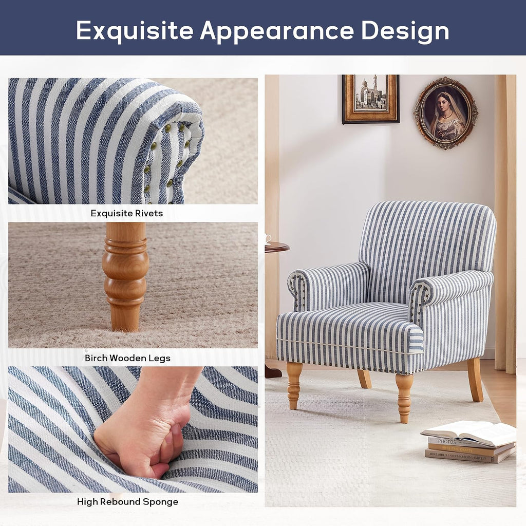 Dark Blue White Stripe Linen Mid-Century Accent Chair
