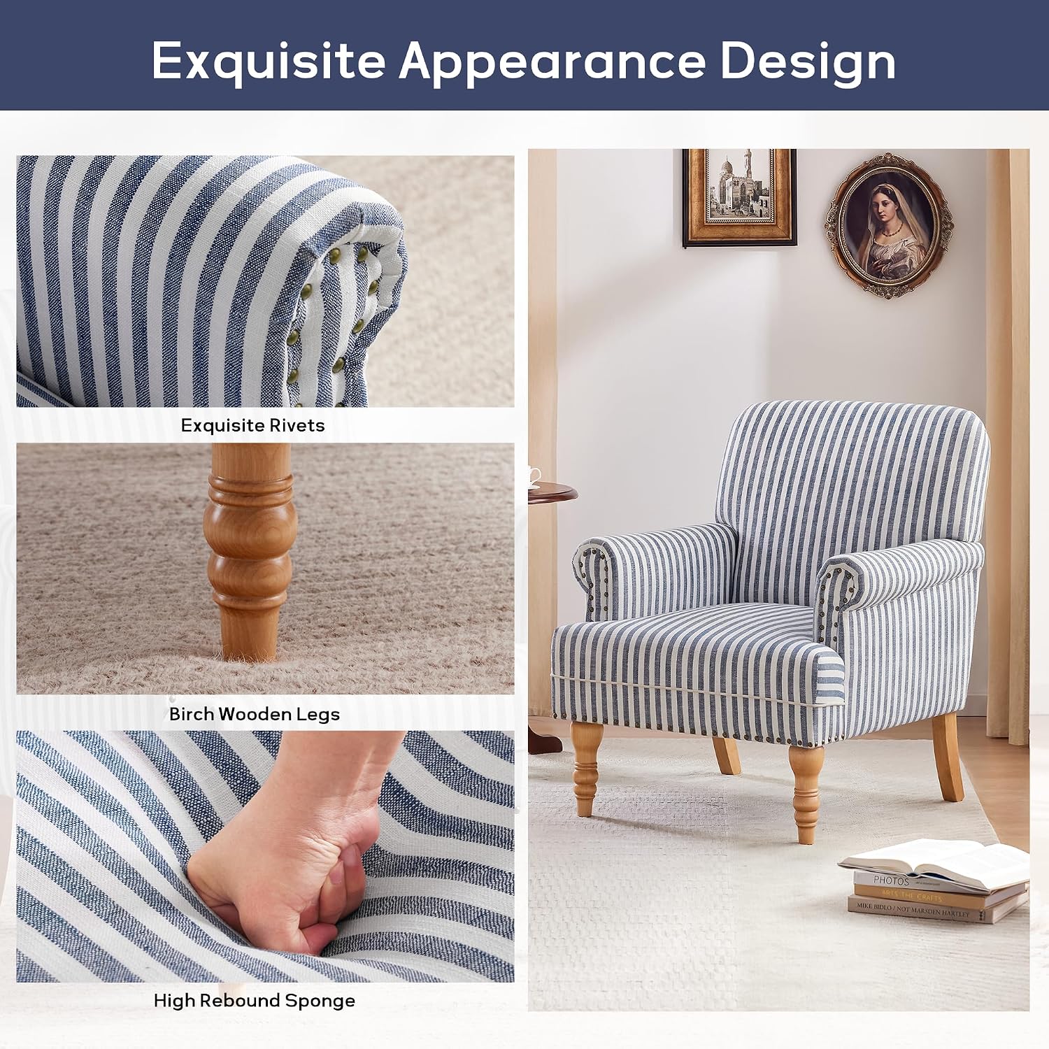 Dark Blue White Stripe Linen Mid-Century Accent Chair
