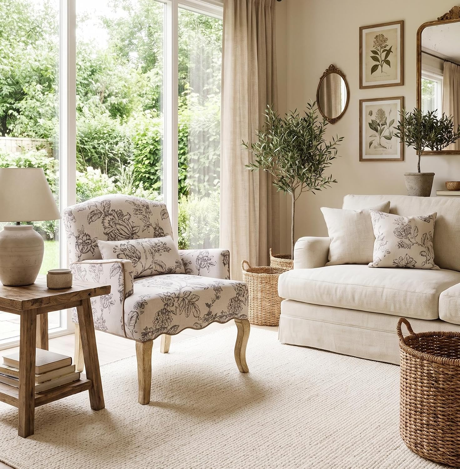 Beige Floral Linen Farmhouse Mid-Century Accent Chair