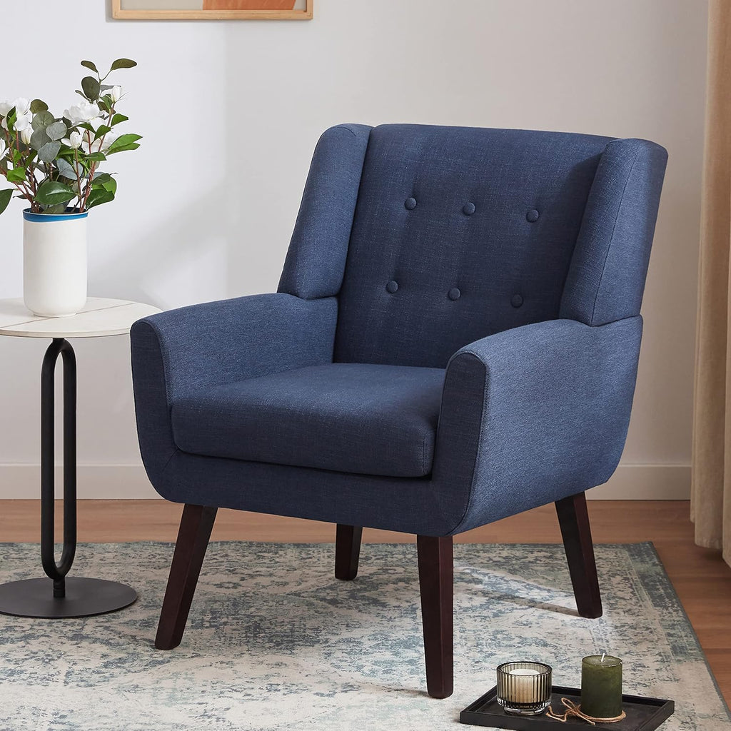 Dark Blue Button Tufted Linen Mid-Century Accent Chair