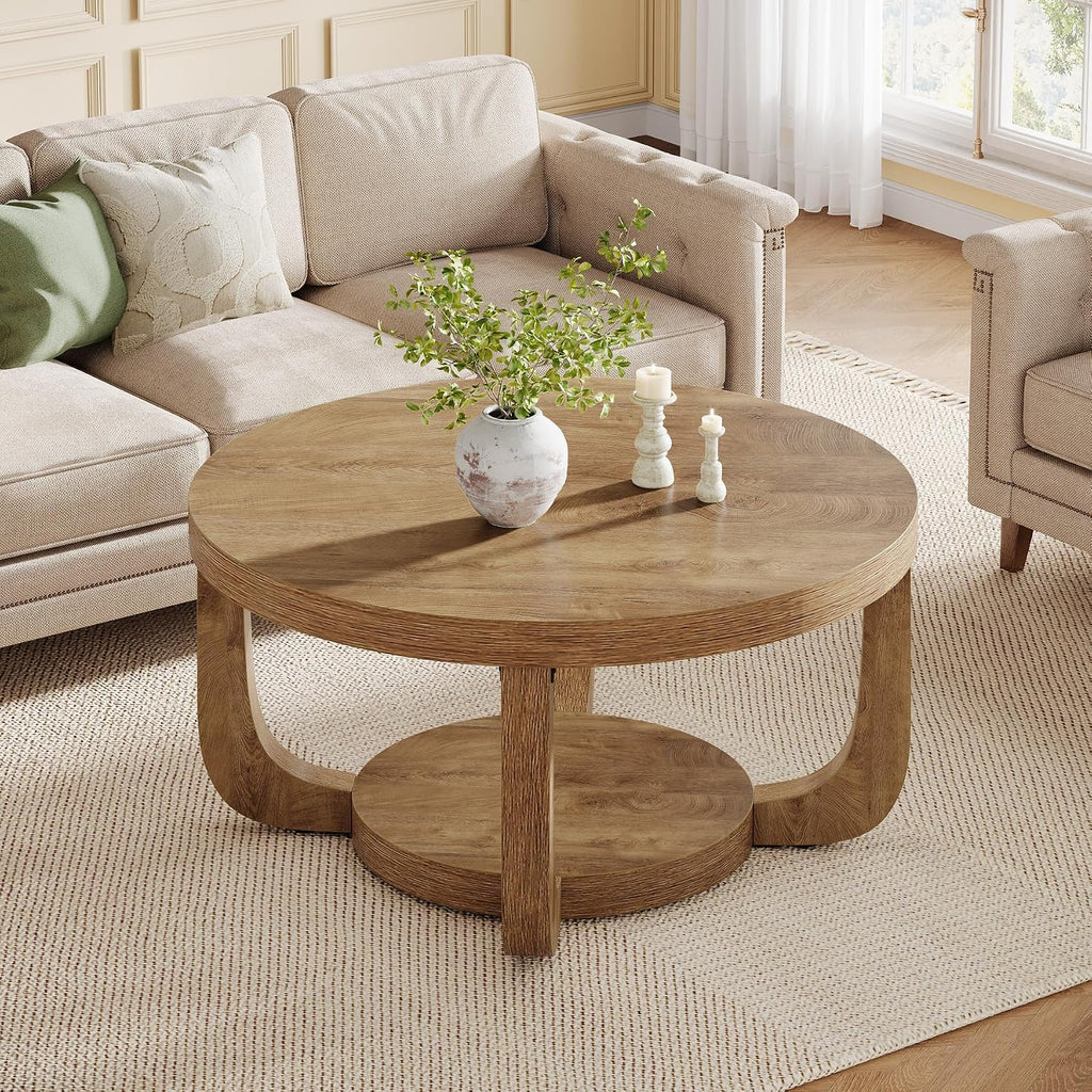 Two-Tier Round Oak Storage Coffee Table