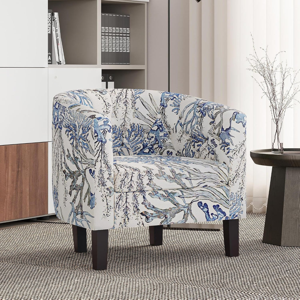 Blue Coral Linen Tufted Barrel Accent Arm Chair
