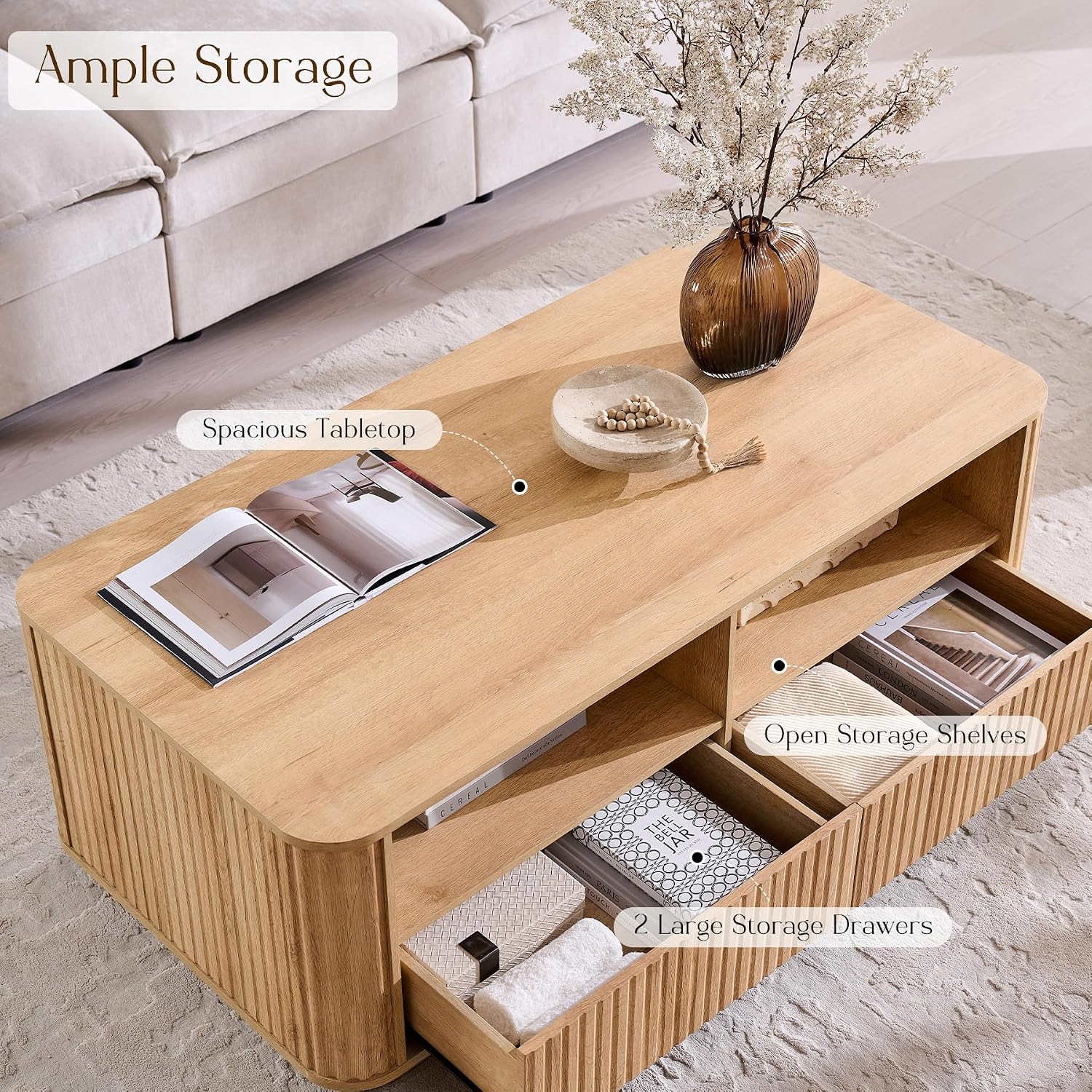 Fluted Oak Coffee Table With Drawers