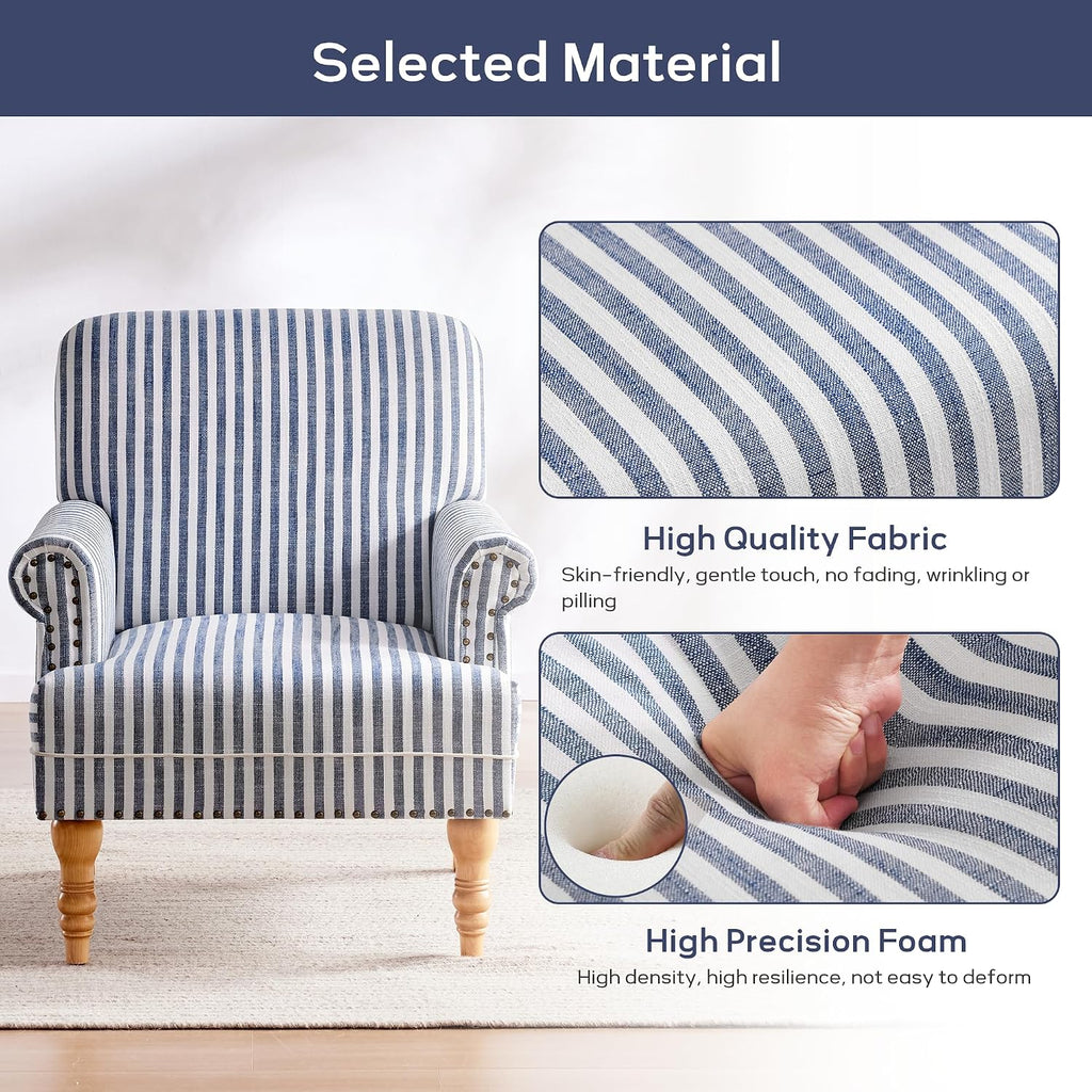 Dark Blue White Stripe Linen Mid-Century Accent Chair