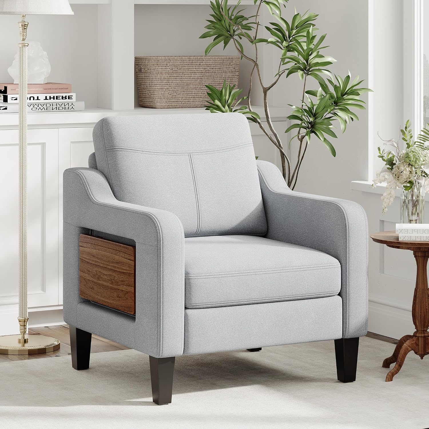Linen Accent Chair with Foldable Side Table & Side Pockets